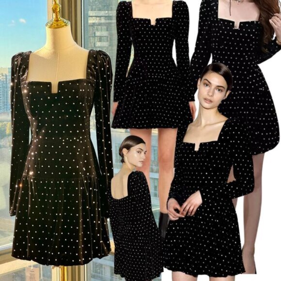 🆕 SELF-PORTRAIT 🧿 NWOT Black Velvet Diamante Mini Dress - Picture 1 of 16